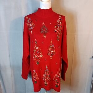 Festive Red Holiday Sweater with Tree Designs